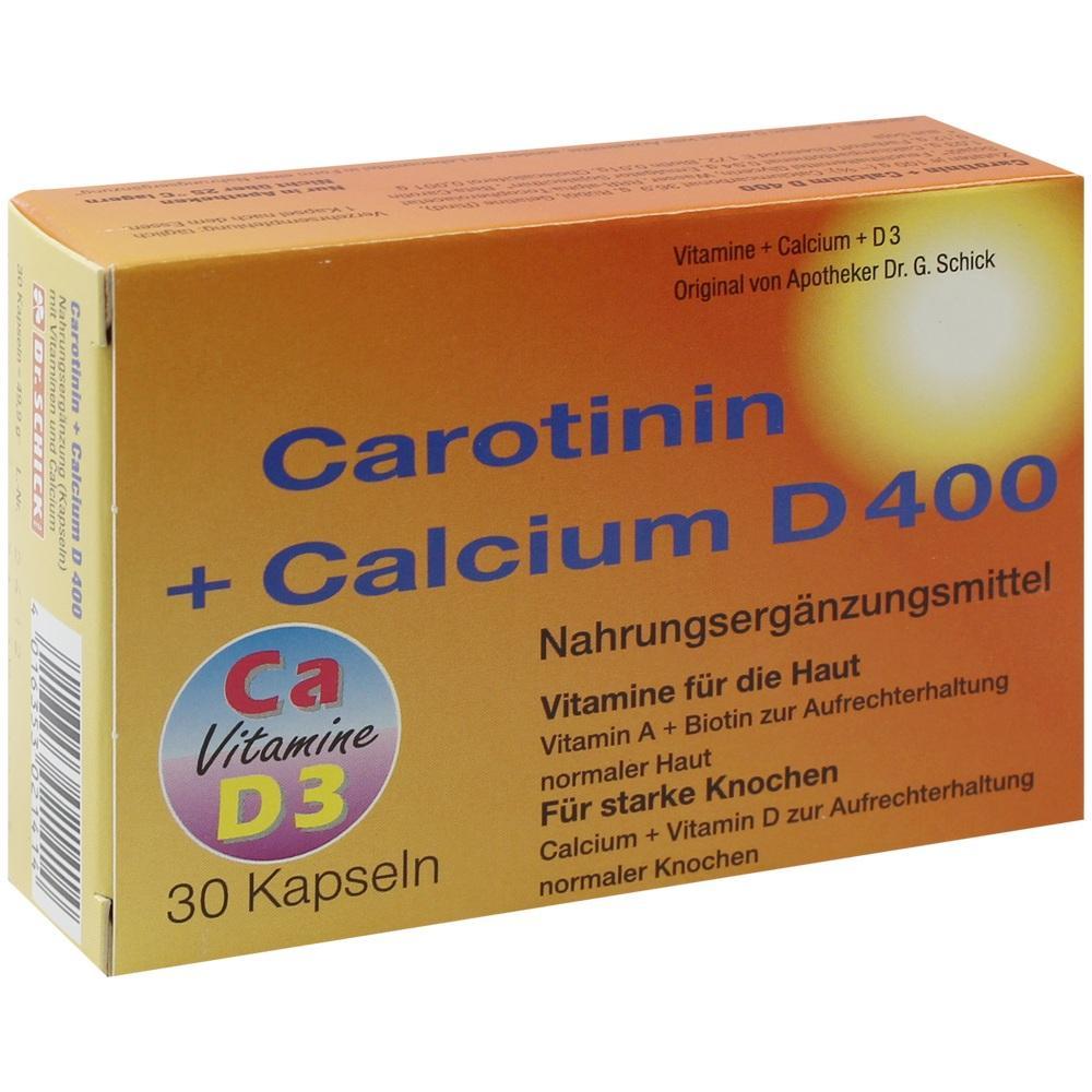 Eine Packung mit Nahrungsergänzungsmitteln namens Carotinin + Calcium D400.