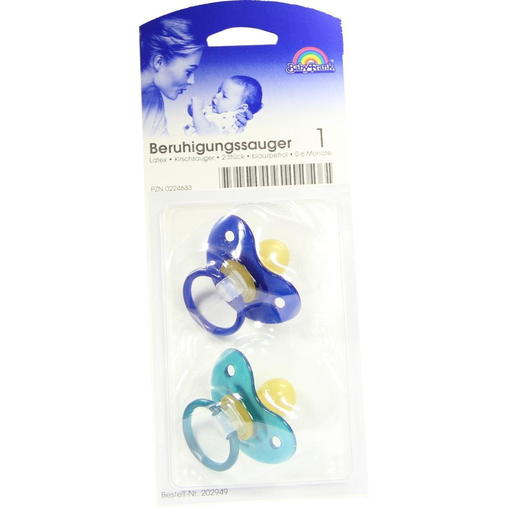 Zwei farbige Schnuller in einer Verpackung von Baby Frank.