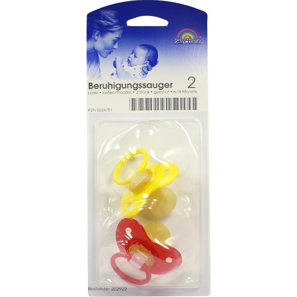 Verpackung mit zwei Schnullern in Gelb und Rot für Babys von 6 bis 18 Monaten.