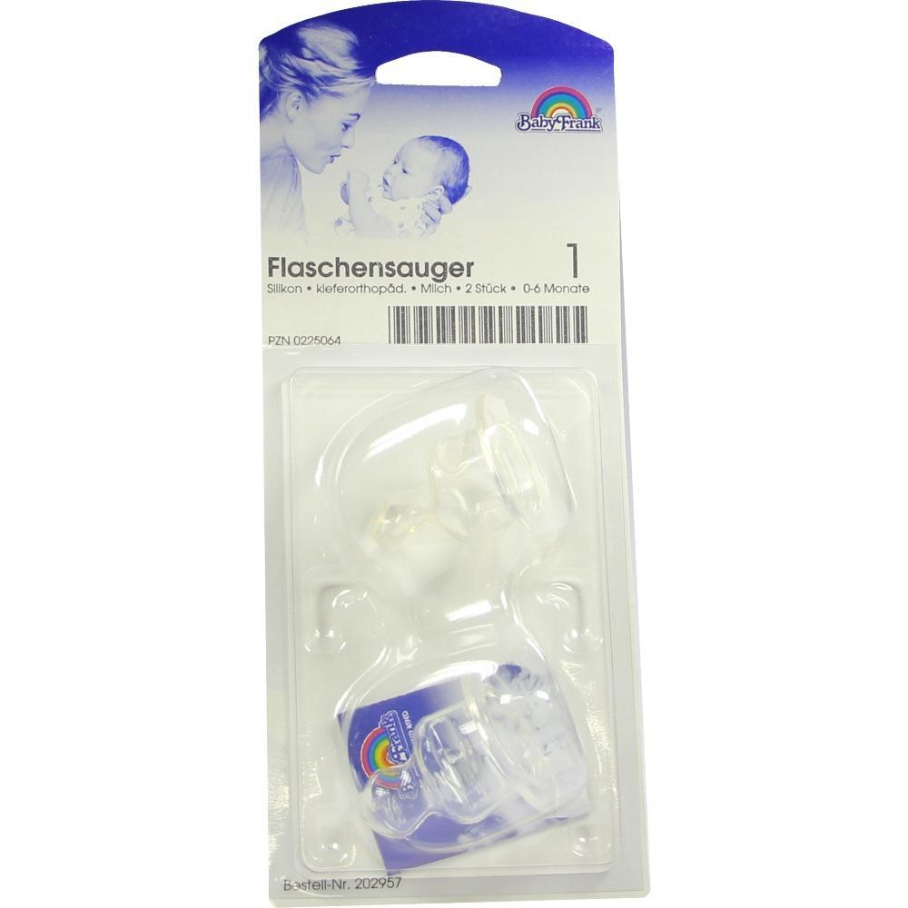 Verpackung mit zwei Babyflaschensaugern aus Silikon f&uuml;r 0-6 Monate.