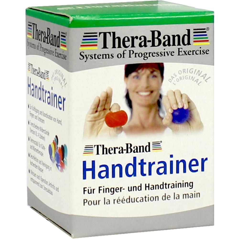 Eine Verpackung zeigt einen Handtrainer für Finger- und Handtraining.
