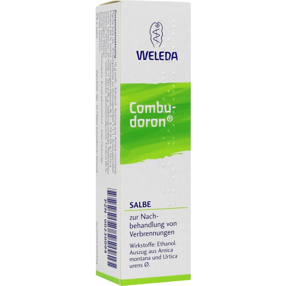 Weiße Verpackung der Weleda Combudoron Salbe zur Behandlung von Verbrennungen.