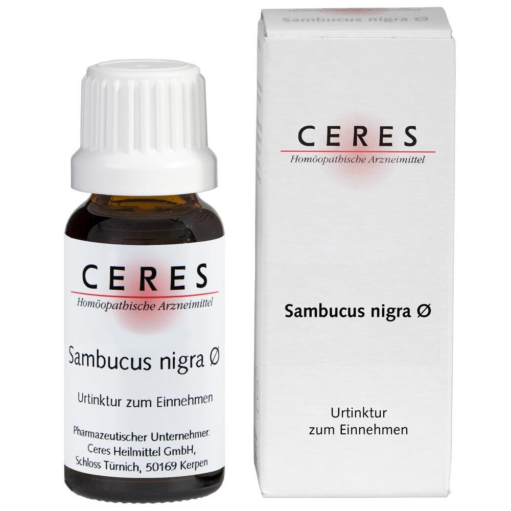 Flasche und Packung von Ceres Sambucus nigra, eine homöopathische Urtinktur.