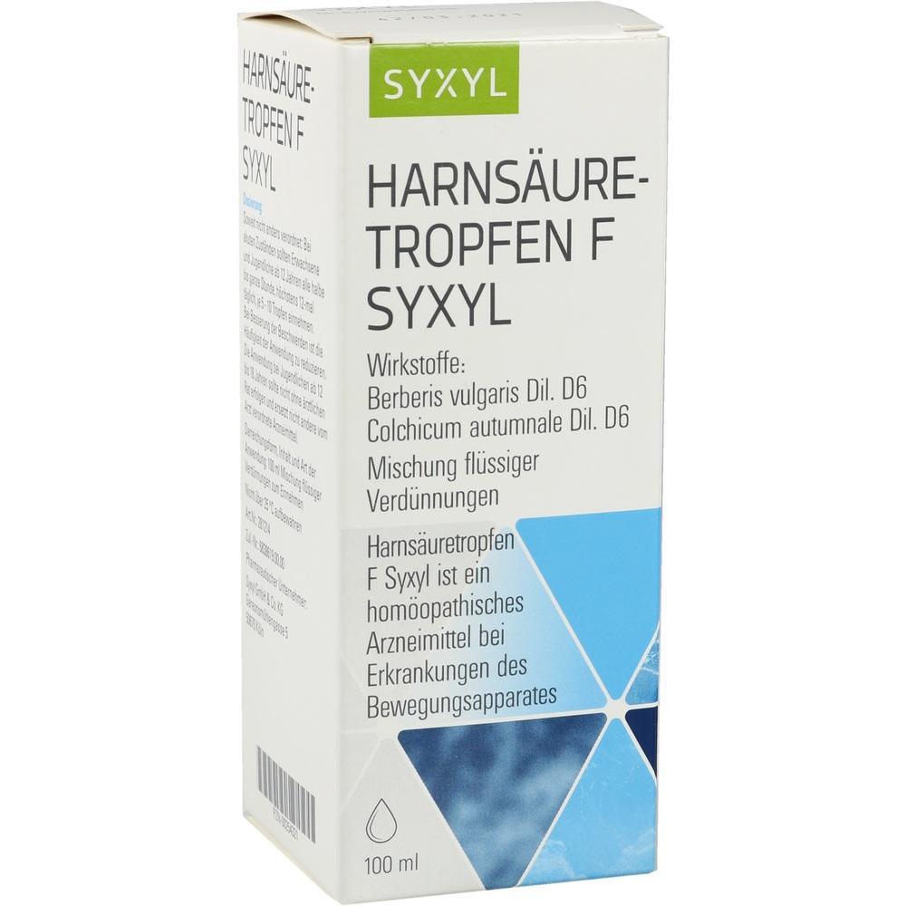 Die Verpackung zeigt homöopathische Harnsäuretropfen von Syxyl.