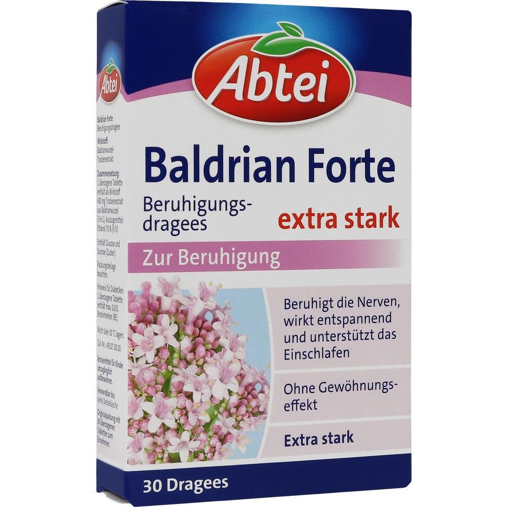 Packung von Abtei Baldrian Forte Beruhigungsdragees, extra stark, zur Beruhigung.