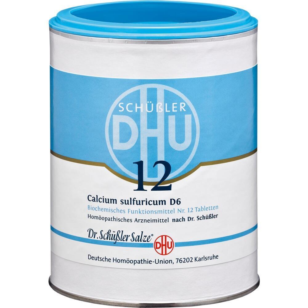 Weiße Dose mit blauem Deckel und der Aufschrift "Calcium sulfuricum D6".