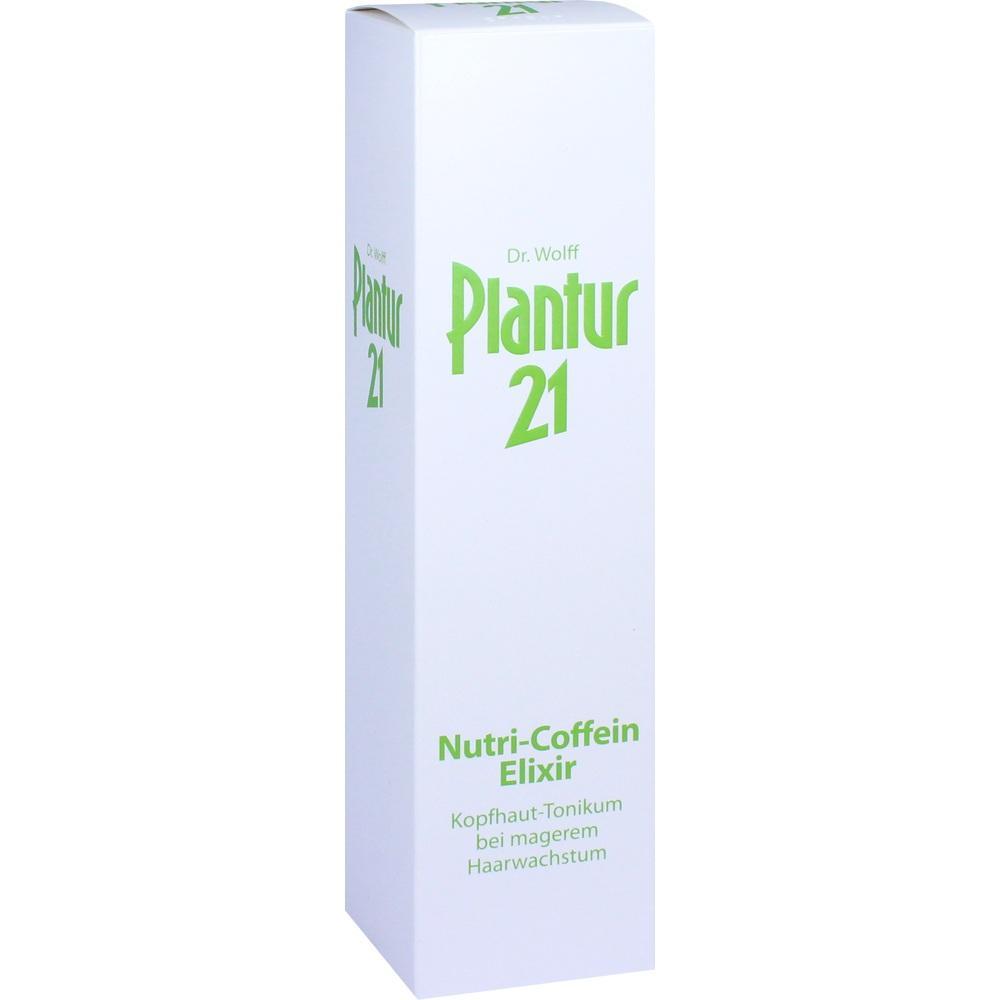 Wei&szlig;e Verpackung mit gr&uuml;nem Text: "Plantur 21 Nutri-Coffein Elixir" f&uuml;r Haarwachstum.