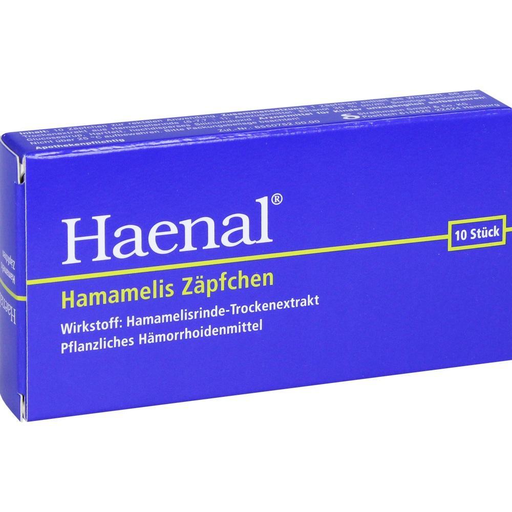 Eine blaue Schachtel mit der Aufschrift "Haenal Hamamelis Zäpfchen".