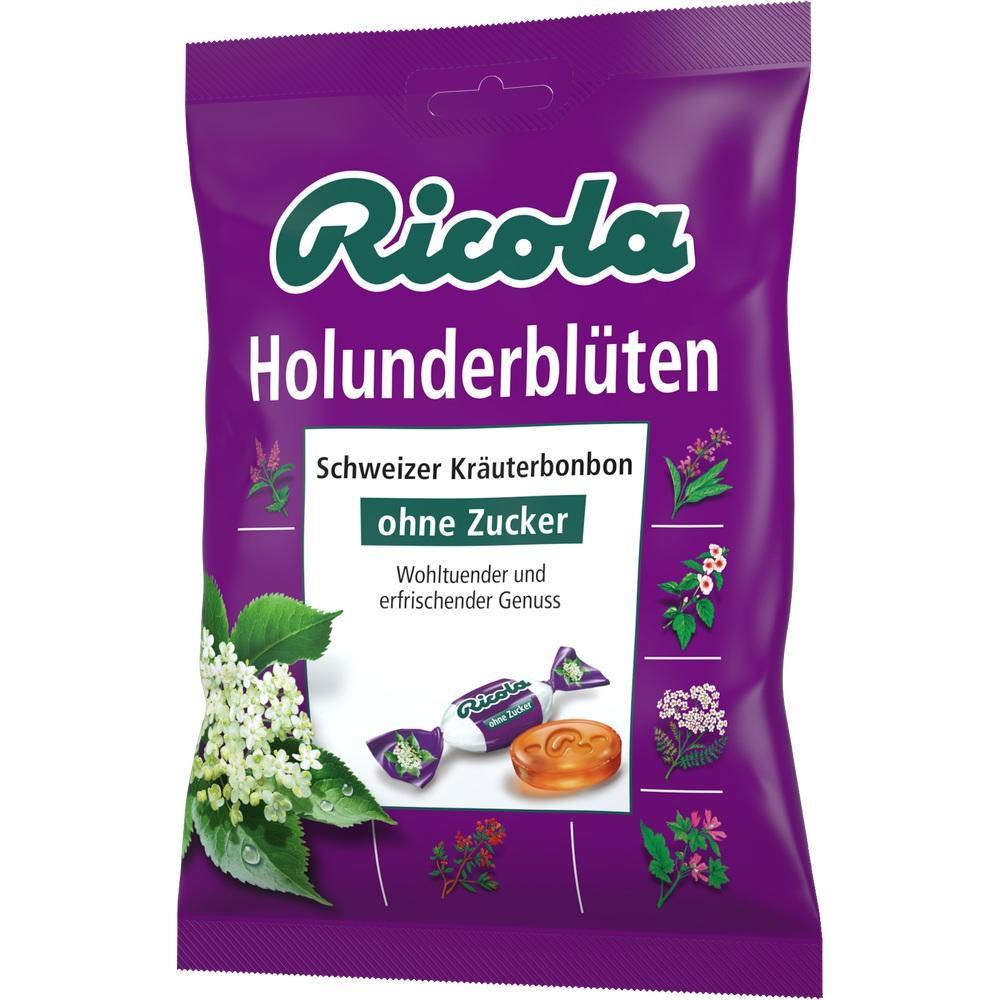 Lila Packung mit zuckerfreien Schweizer Kr&auml;uterbonbons, Holunderbl&uuml;ten-Geschmack.