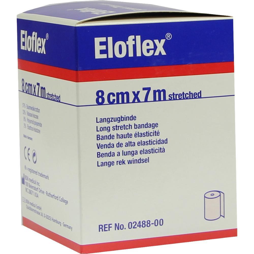 Die Verpackung zeigt eine elastische Bandage von Eloflex, 8 cm breit und 7 m lang.