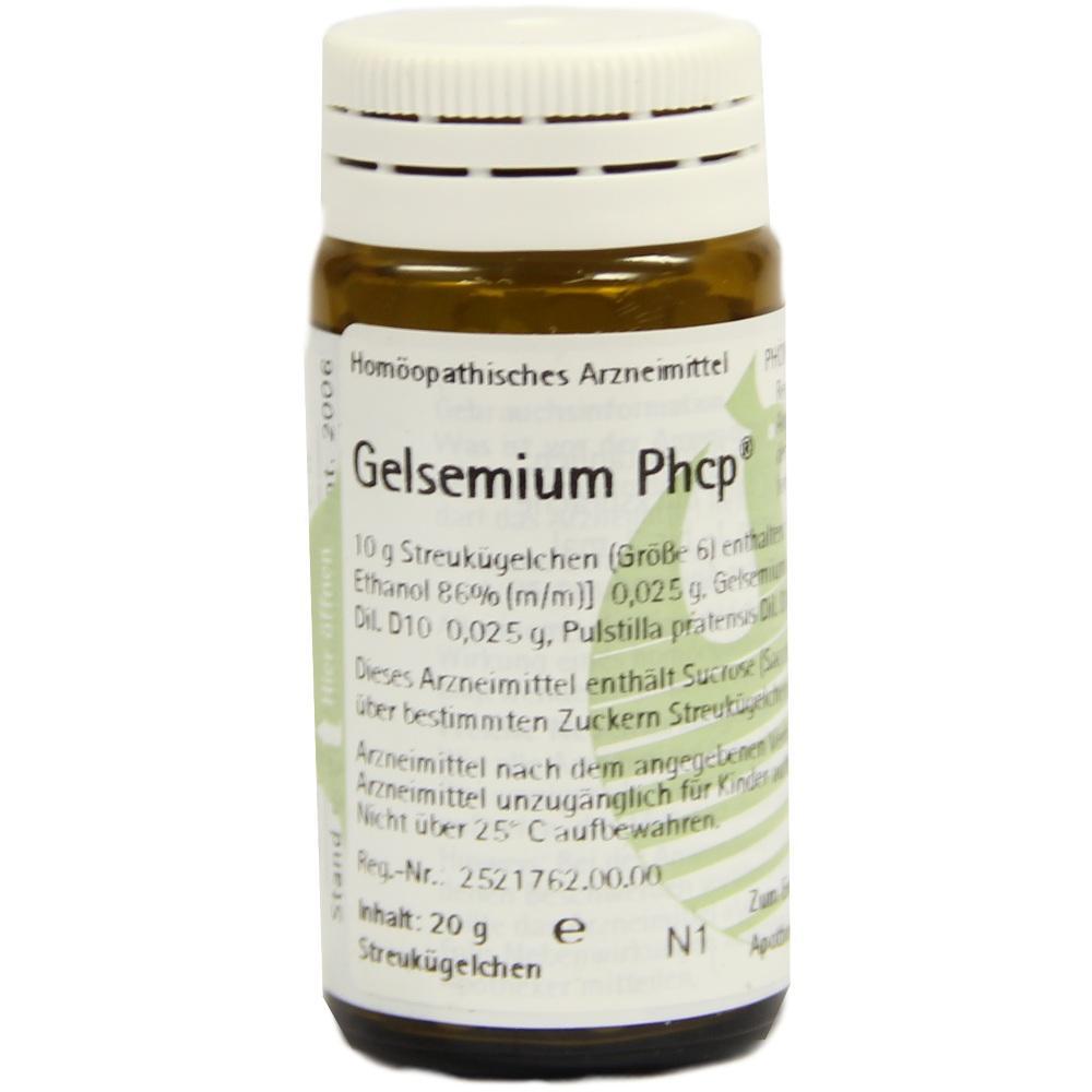 Braunes Fläschchen mit dem Etikett "Gelsemium Phcp", ein homöopathisches Arzneimittel.