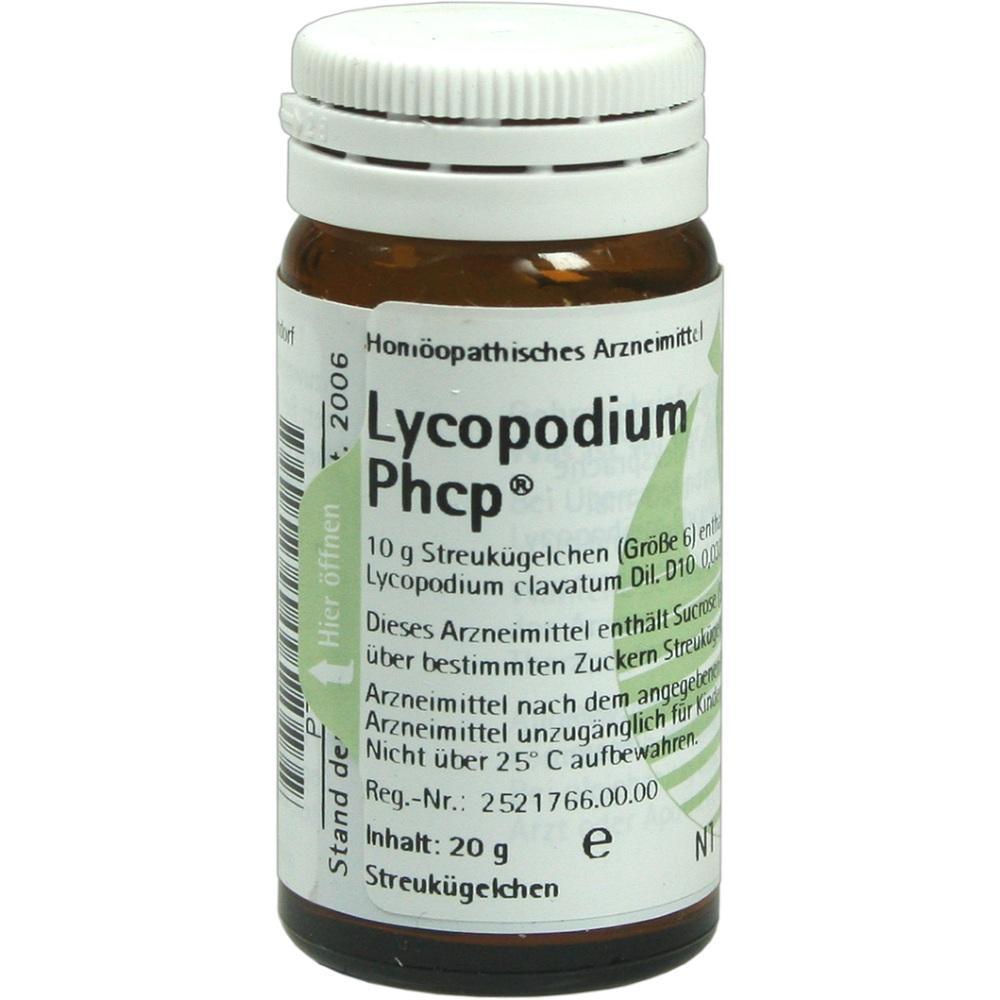 Braunes Fläschchen mit weißem Etikett, darauf steht "Lycopodium Phcp".