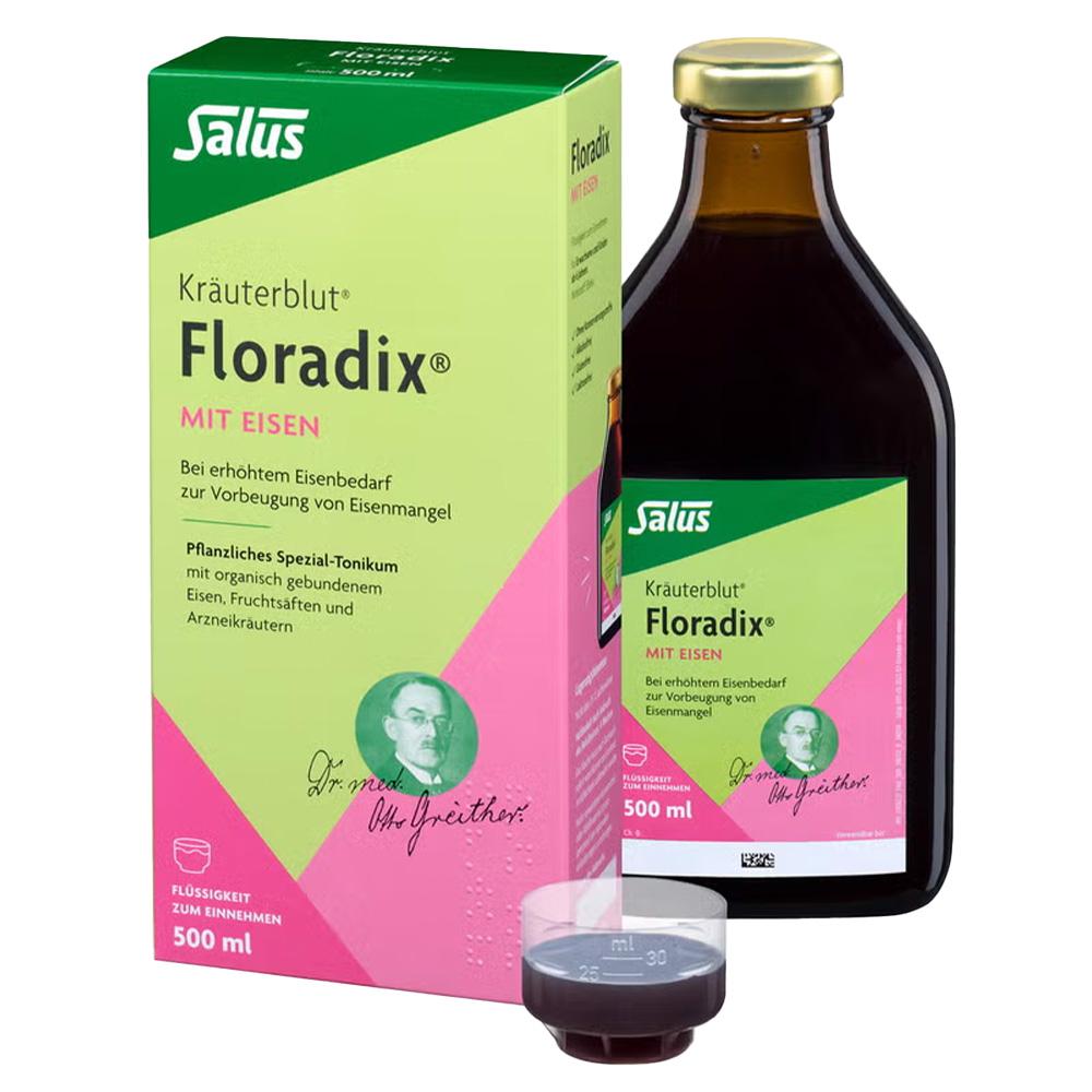 Eine grüne und rosa Verpackung und Flasche von Floradix, einem flüssigen Eisensupplement.