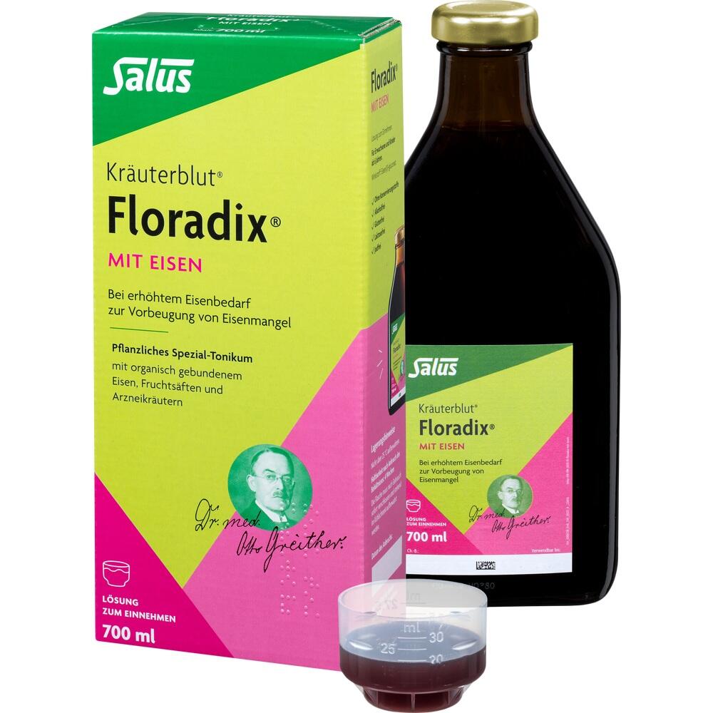 Eine Flasche und eine Packung Floradix Kräuterblut mit Eisen-Tonikum stehen aufrecht.