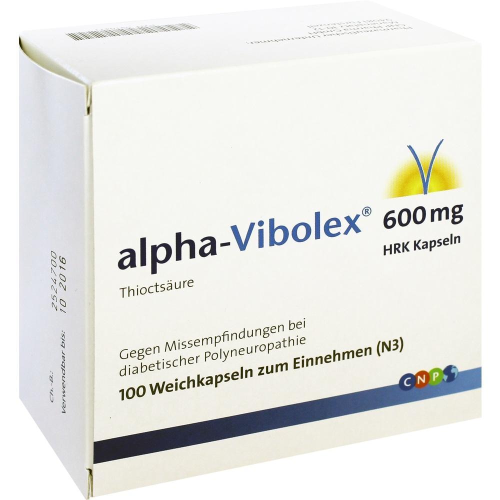 Eine Packung alpha-Vibolex 600 mg Kapseln gegen diabetische Nervenschmerzen.