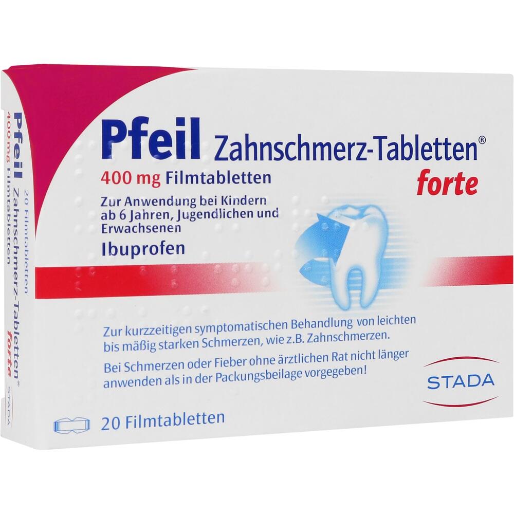 Packung Zahn-Schmerztabletten mit 400 mg Ibuprofen von Pfeil für Zahnschmerzen.