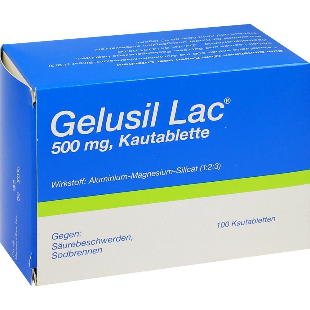 Blaue Packung von Gelusil Lac Kautabletten gegen Sodbrennen.
