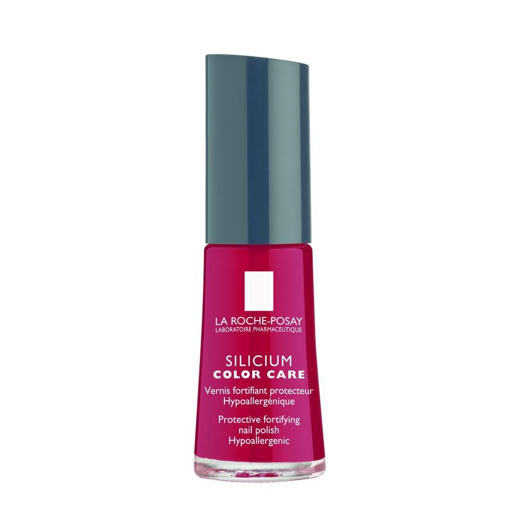 Roter Nagellack von La Roche-Posay in einer Flasche mit dunkelblauem Deckel.