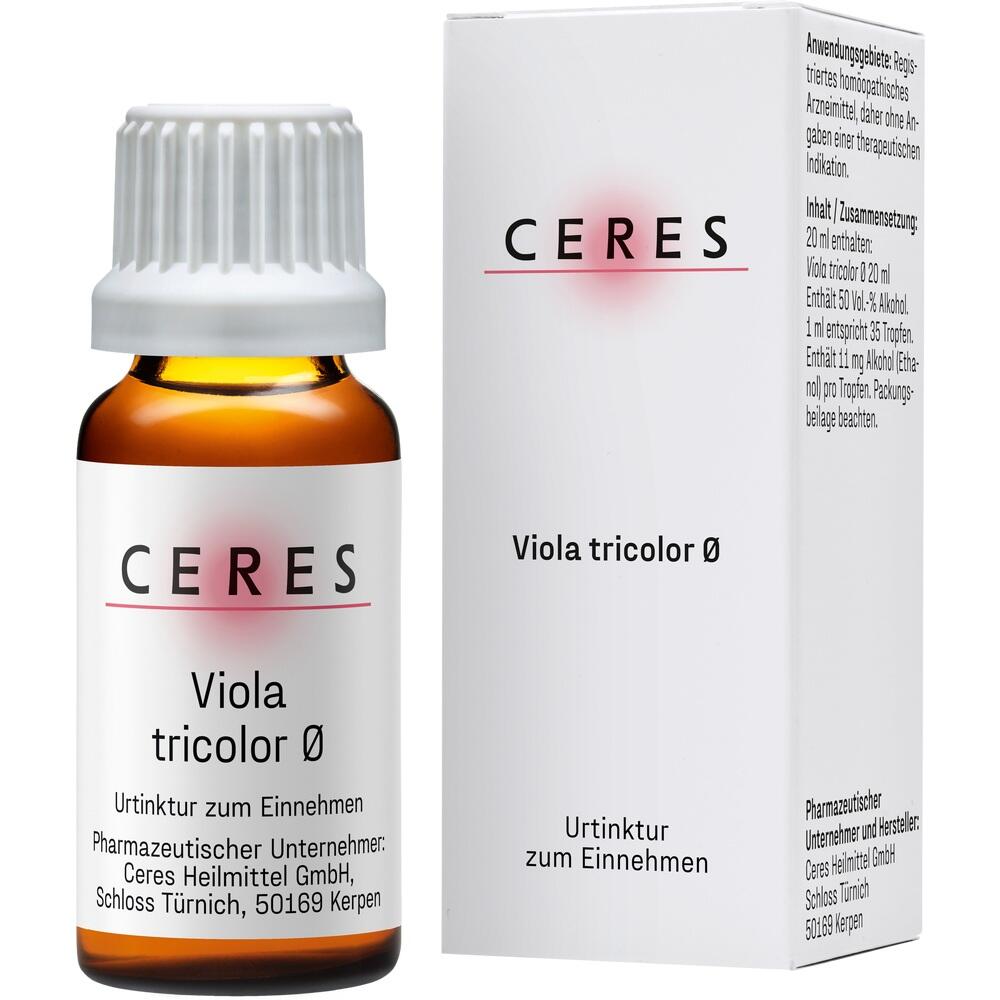 Braune Arzneiflasche und weiße Verpackung mit der Aufschrift "Ceres Viola tricolor Ø".