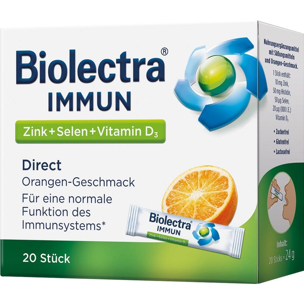 Verpackung von Biolectra Immun mit Orangengeschmack und 20 Sticks für das Immunsystem.