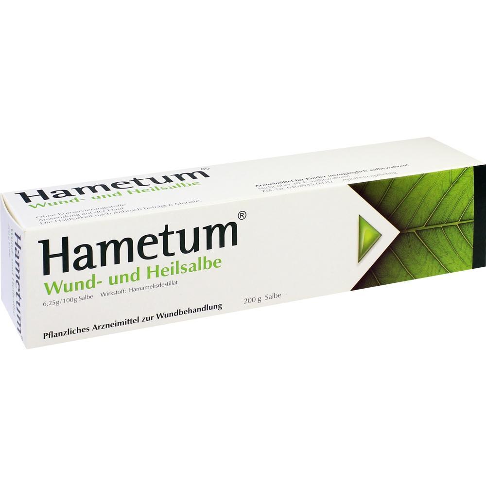 Eine Schachtel Hametum Wund- und Heilsalbe mit grünem Blattmotiv.