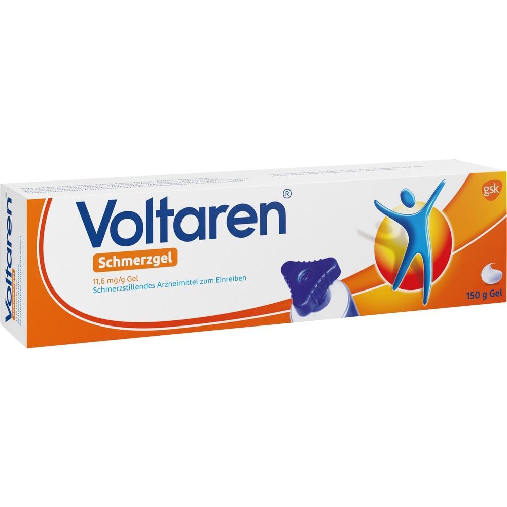 Weiße Verpackung von Voltaren Schmerzgel mit farbigem Logo und blauer Kappe.