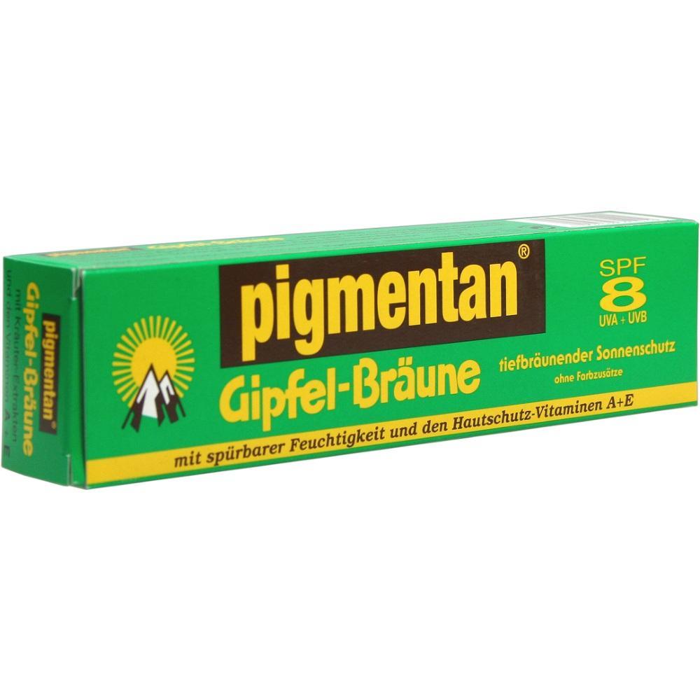 Grüne Verpackung einer Sonnencreme mit der Aufschrift "pigmentan Gipfel-Bräune".