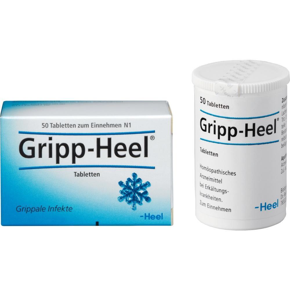 Eine Packung und ein Behälter von Gripp-Heel-Tabletten gegen Erkältung.