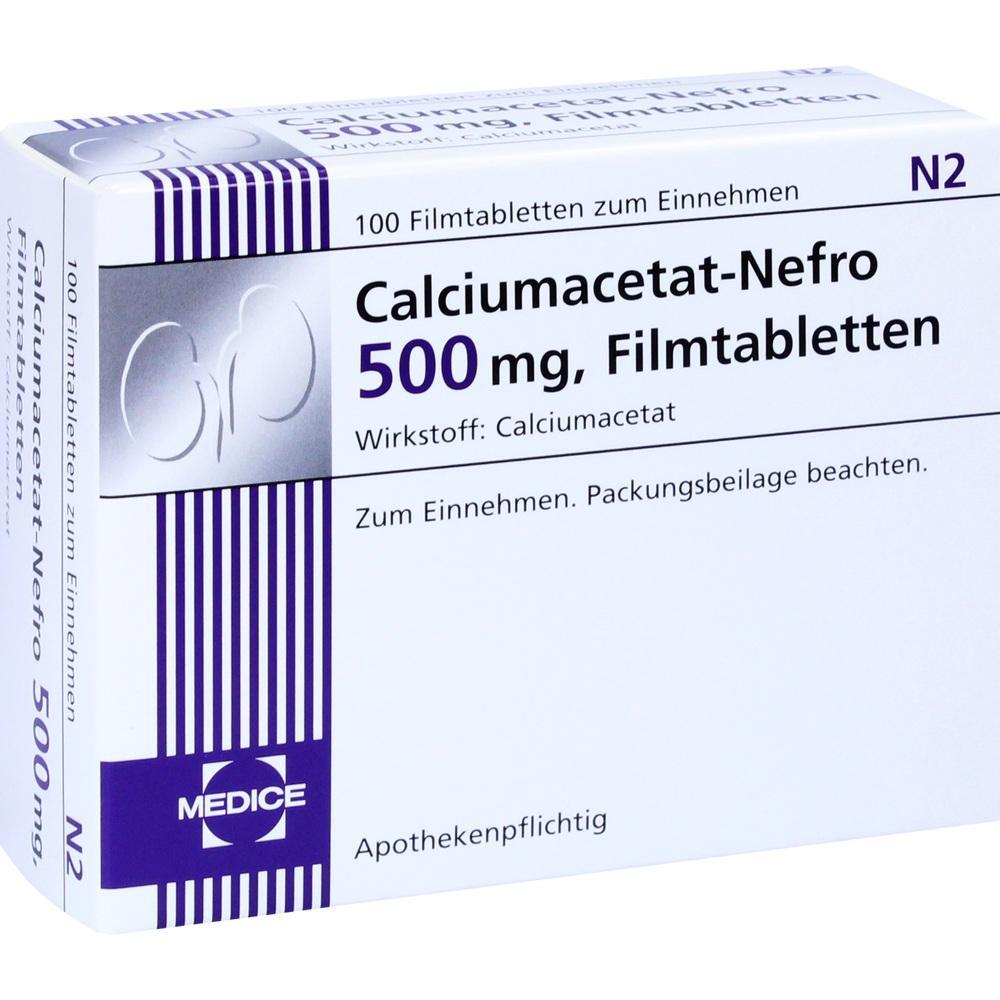 Weiße Medikamentenpackung mit der Aufschrift "Calciumacetat-Nefro 500 mg".