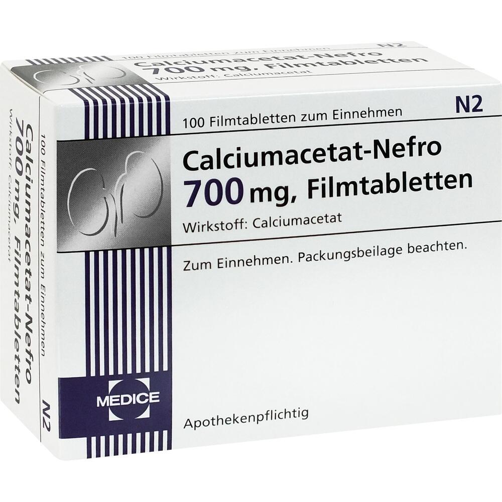 Eine weiße Medikamentenverpackung mit der Aufschrift "Calciumacetat-Nefro 700 mg".