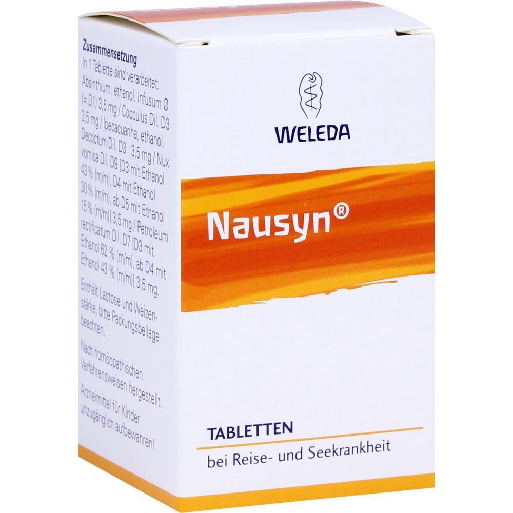 Eine Schachtel Nausyn-Tabletten gegen Reise- und Seekrankheit von Weleda.