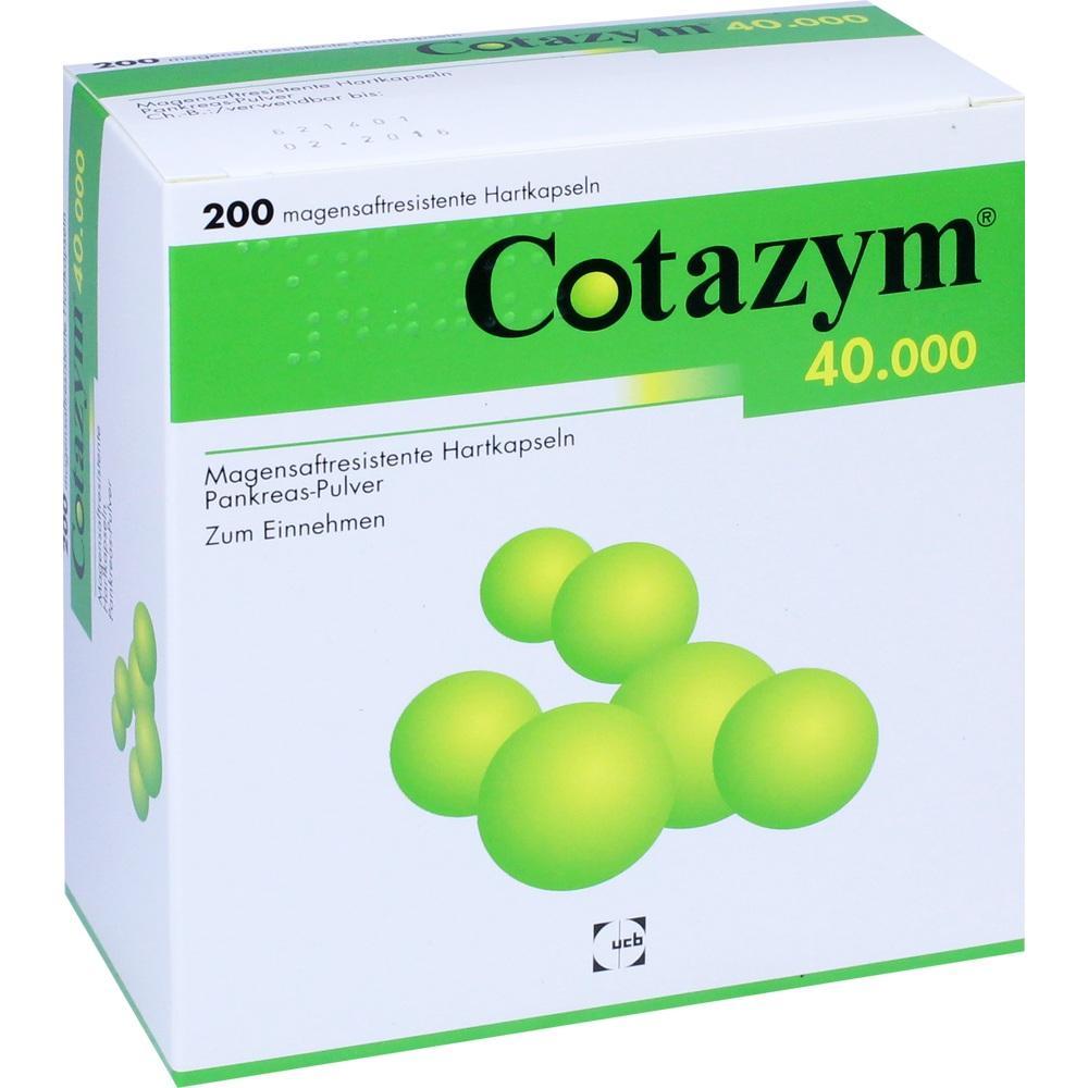 Gr&uuml;ne Medikamentenverpackung mit der Aufschrift "Cotazym 40.000".