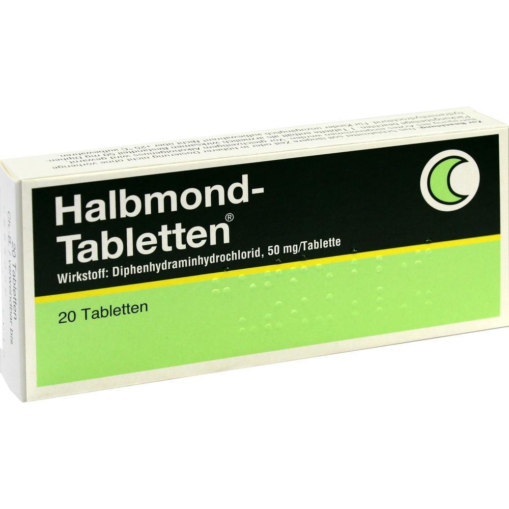 Verpackung von Halbmonden-Tabletten mit 20 Tabletten und gr&uuml;nem Design.