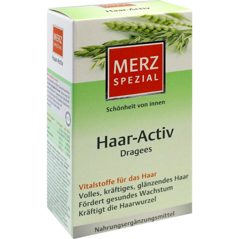 Eine grüne Verpackung für Haar-Dragees von Merz Spezial.