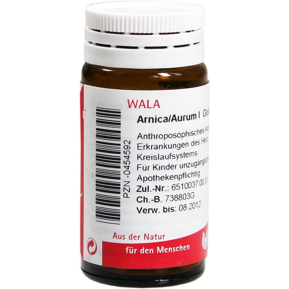 Braunes Fläschchen mit weißem Deckel und Etikett mit Aufschrift "WALA Arnica/Aurum".