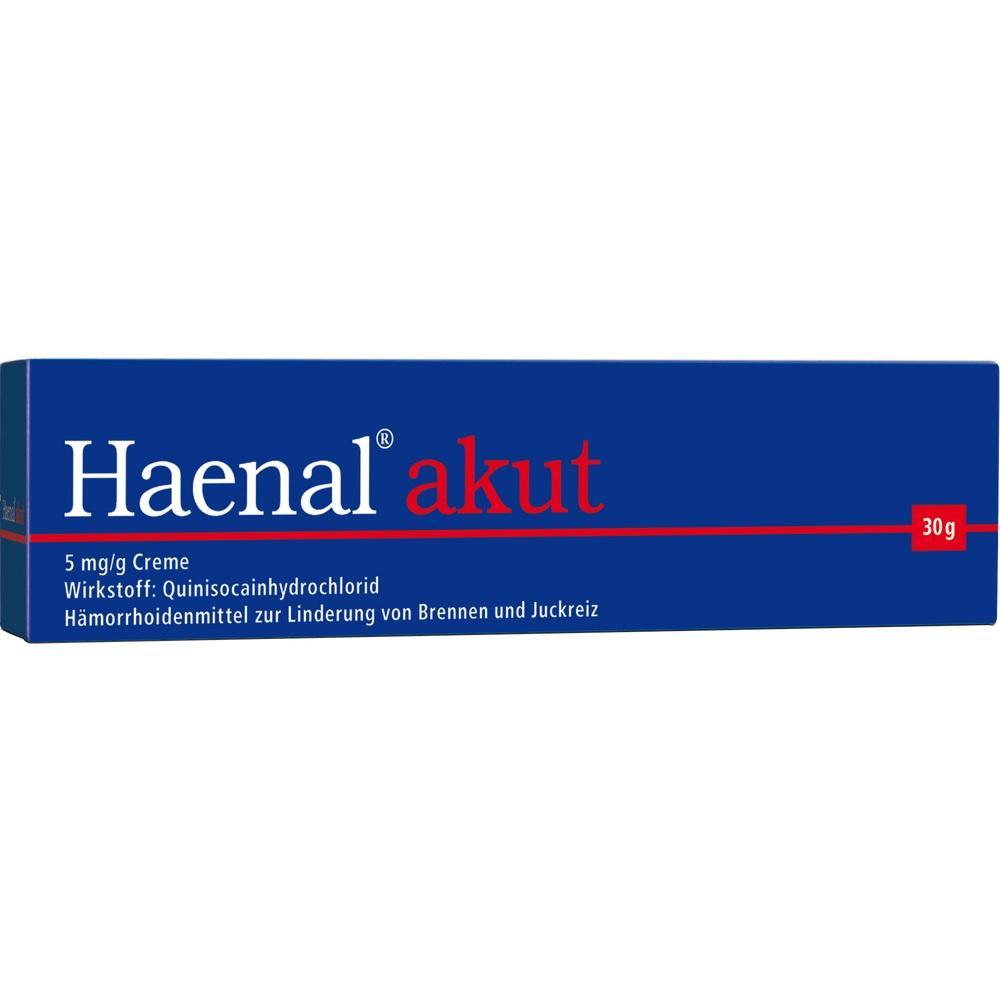 Eine blaue Packung mit Haenal akut Creme zur Linderung von Hämorrhoidenschmerzen.