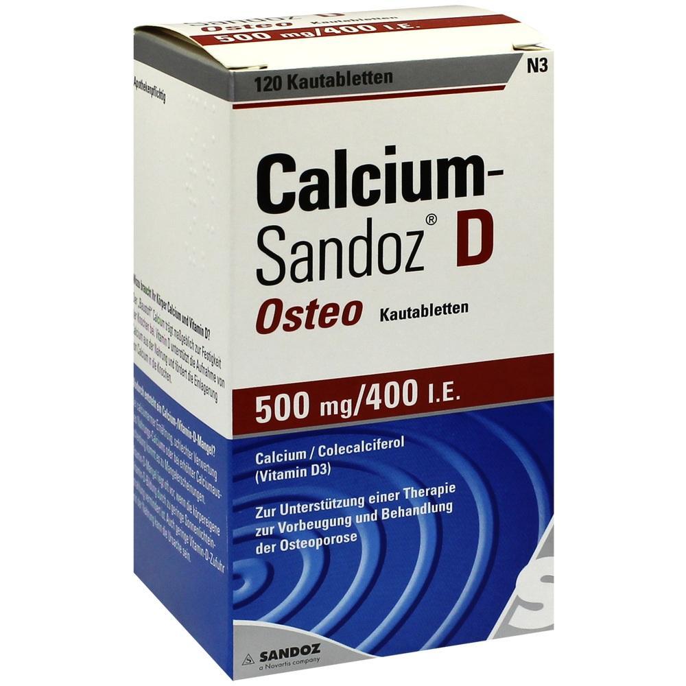 Ein weißer Karton von Calcium-Sandoz D Kautabletten mit roter und blauer Schrift.