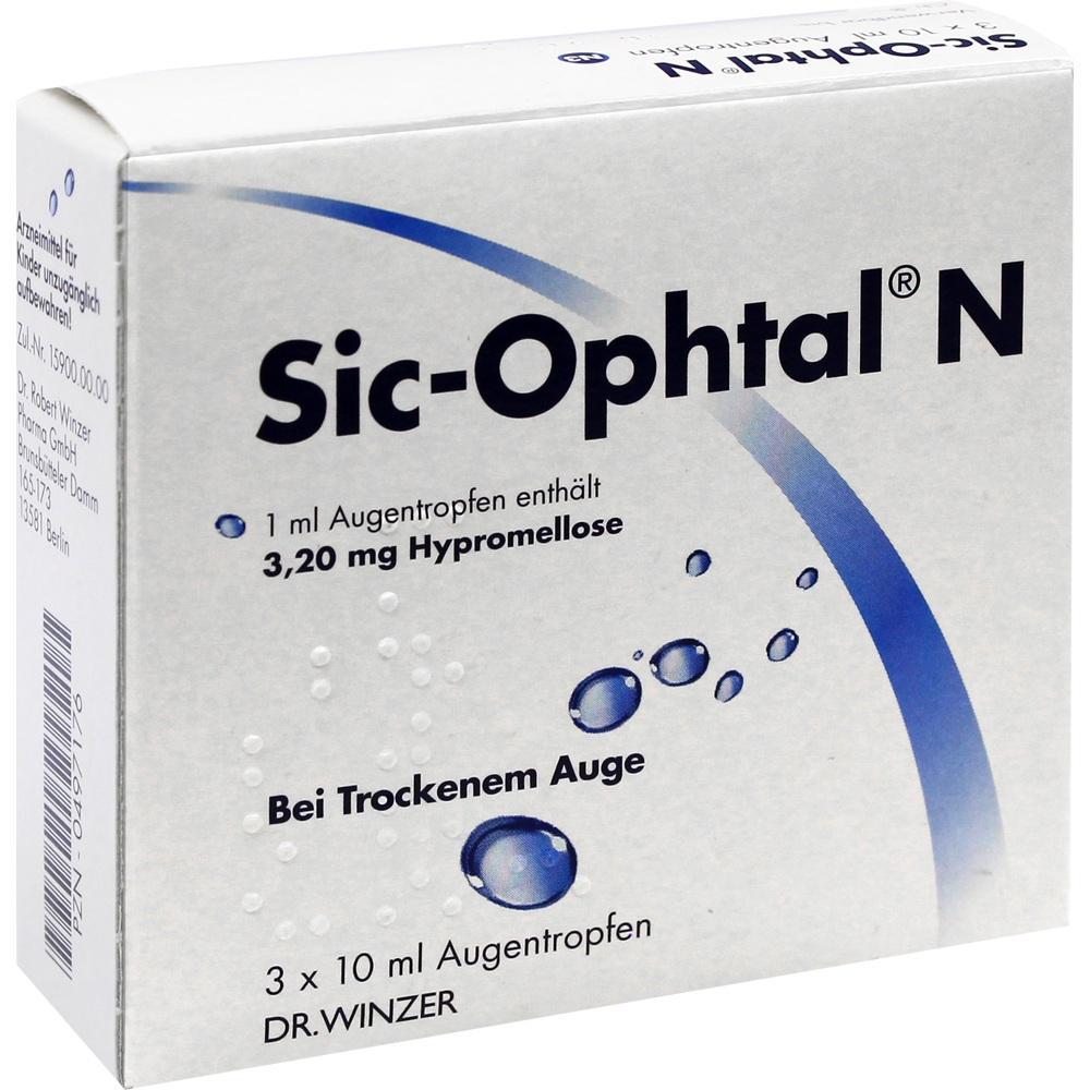Die Verpackung zeigt Augentropfen für trockene Augen von Sic-Ophtal N.