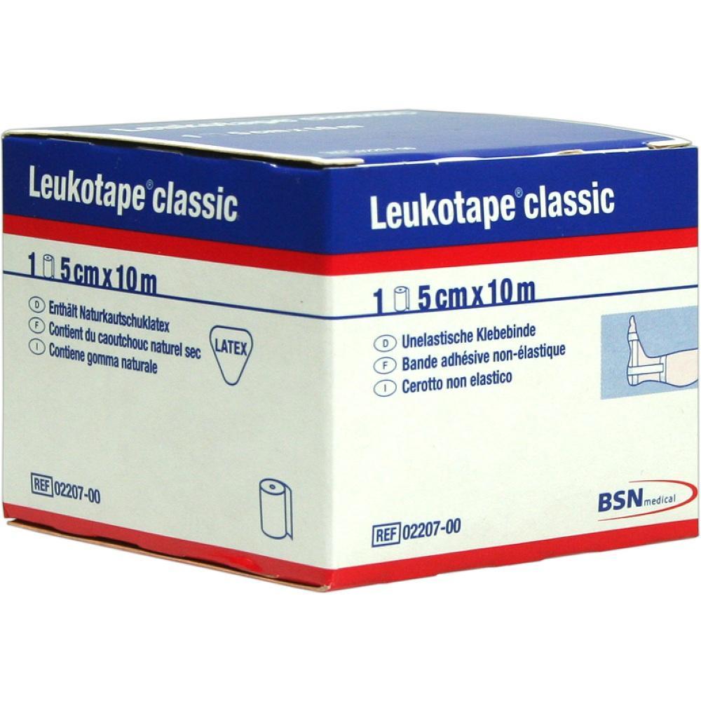 Eine Packung Leukotape classic Klebeband, 5 cm breit und 10 m lang.