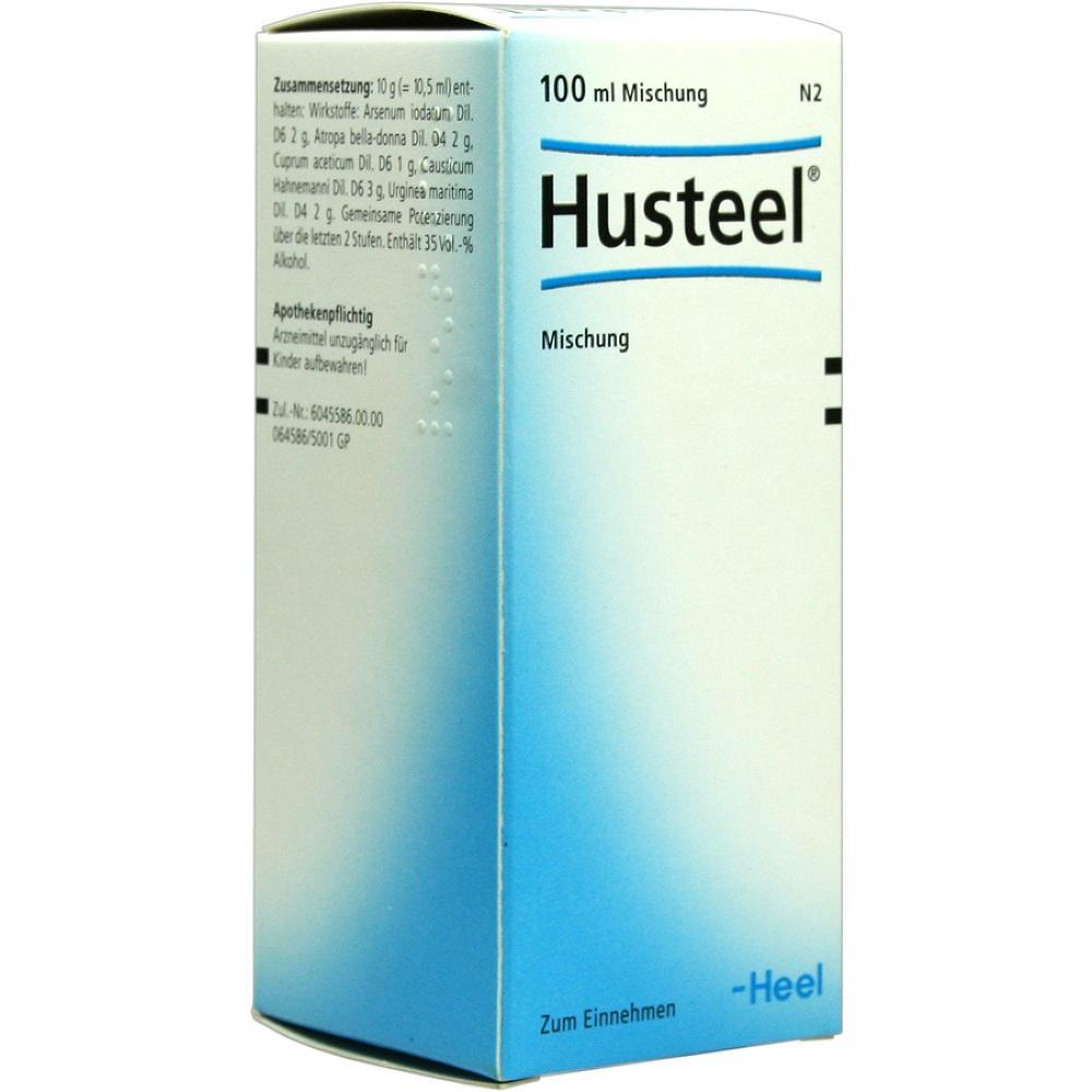 Weiße und blaue Verpackung eines Hustensaftes namens Husteel.
