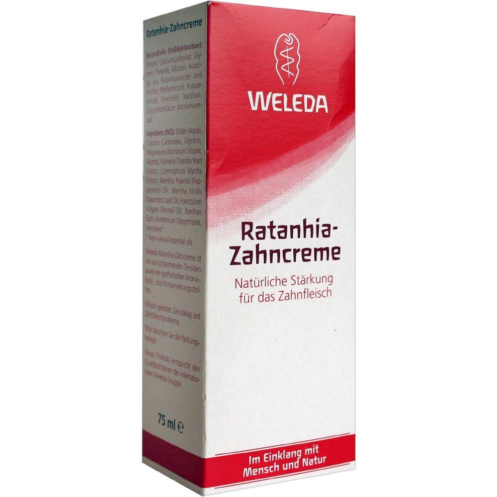 Eine Packung Weleda Ratanhia-Zahncreme mit rotem und weißem Design.