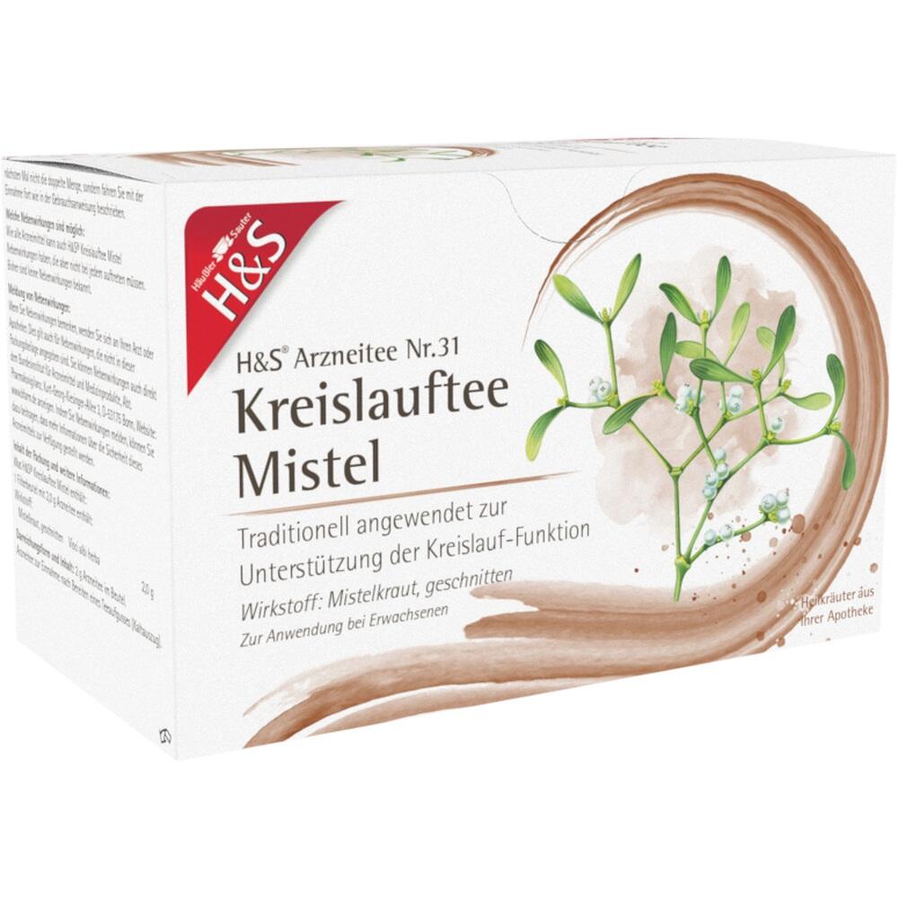 Packung mit H&S Kreislauftee Mistel zur Unterstützung der Herz-Kreislauf-Funktion.