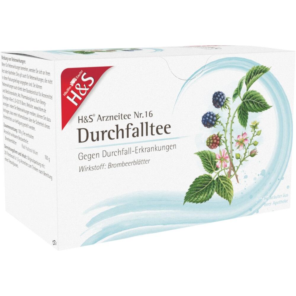Eine Verpackung von H&S Durchfalltee mit Brombeerbl&auml;ttern gegen Durchfall.