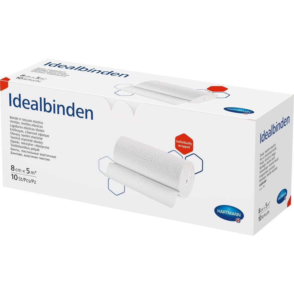 Eine Packung mit weißen elastischen Idealbinden von Hartmann.