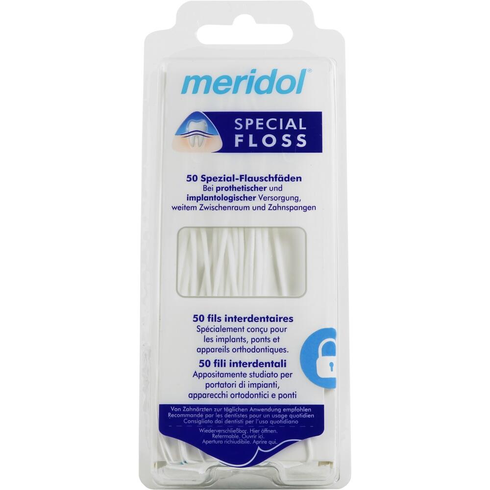 Verpackung von meridol Spezial-Floss Zahnseide für Zahnzwischenräume.