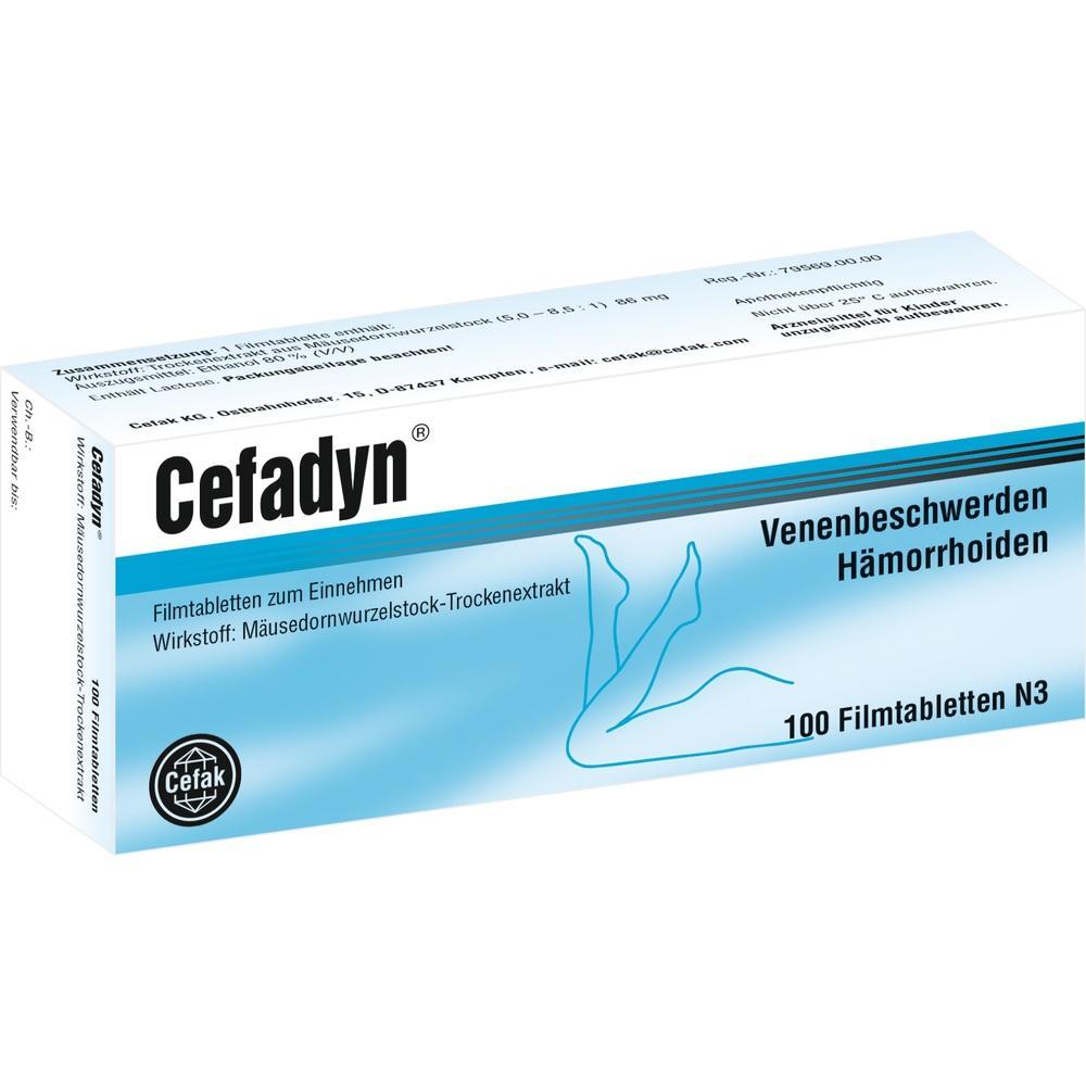 Eine Verpackung von Cefadyn-Tabletten gegen Venenbeschwerden und Hämorrhoiden.