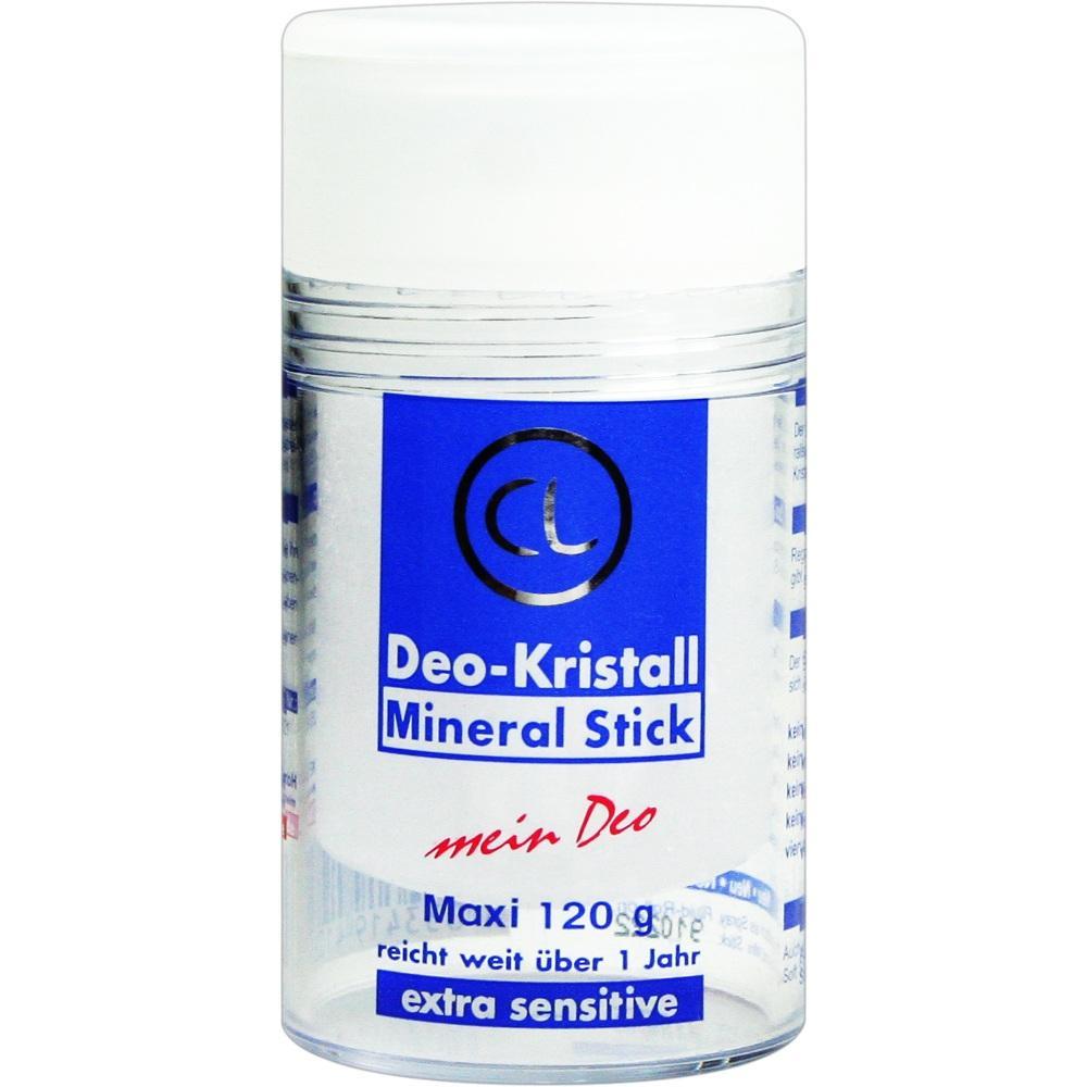 Ein Deo-Kristall Mineral Stick in transparenter Verpackung mit blauem Etikett.