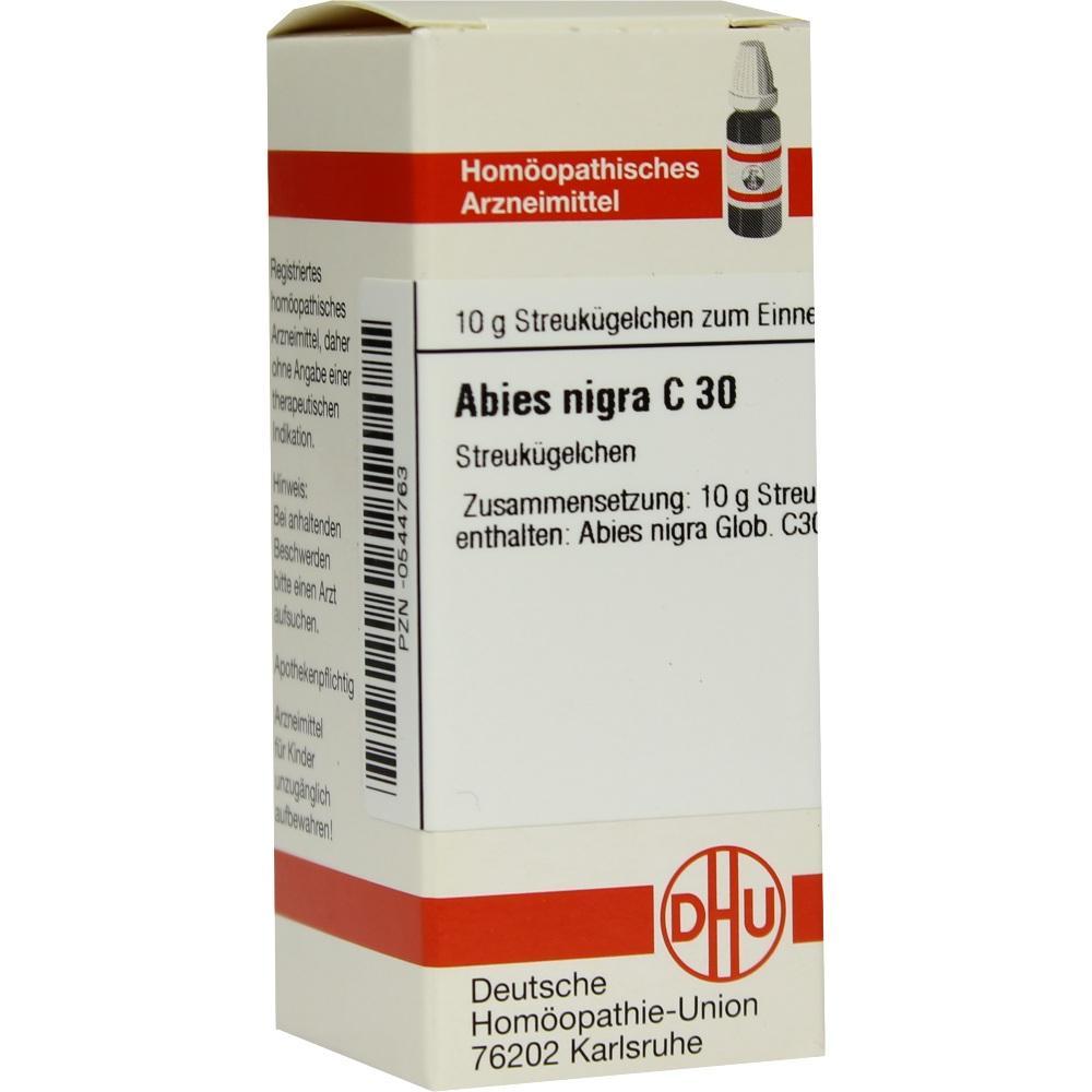 Eine Packung homöopathische Streukügelchen namens Abies nigra C 30.