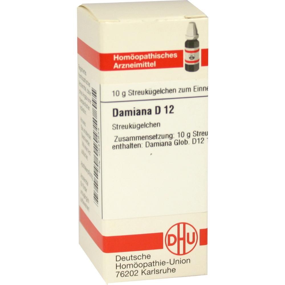 Weiße Verpackung von homöopathischen Damiana D12 Streukügelchen.