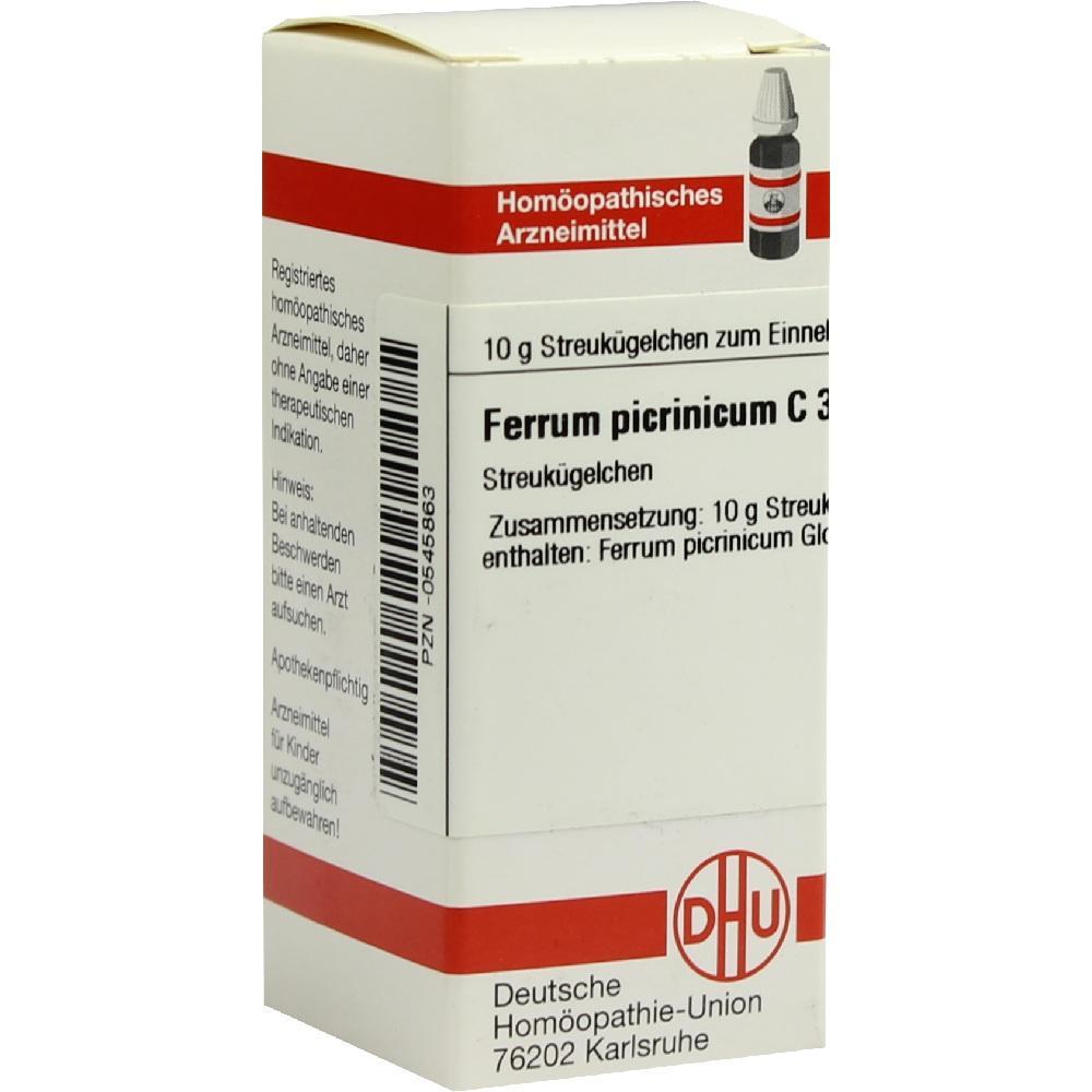 Eine Verpackung für homöopathische Streukügelchen mit der Aufschrift "Ferrum picrinicum C 30".